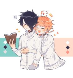 Rule 34 | 1boy, 1girl, ahoge, black eyes, black hair, blush, book, closed mouth, collar, collared shirt, commentary request, emma (yakusoku no neverland), emnoray, closed eyes, facing viewer, hair between eyes, hair over one eye, hand in pocket, heart, highres, holding, holding book, hug, hug from behind, long sleeves, looking at another, neck tattoo, number tattoo, open book, open mouth, orange hair, pants, ray (yakusoku no neverland), shirt, short hair, simple background, skirt, smile, standing, tattoo, upper body, white legwear, white pants, white shirt, white skirt, yakusoku no neverland