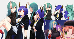 Rule 34 | 3girls, arknights, black headwear, blonde hair, blue hair, breasts, carrying, carrying person, ch&#039;en (arknights), closed mouth, commentary, crossed arms, dango, dragon girl, dragon horns, dragon tail, fang, fingerless gloves, food, gloves, green hair, highres, horns, hoshiguma (arknights), long hair, multiple girls, necktie, one eye closed, oni, single horn, skin-covered horns, sleeping, sleeping on person, sleeveless, supershrimpcakes, swire (arknights), symbol-only commentary, tail, translation request, twitter username, v, wagashi, yellow necktie