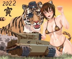 Rule 34 | 1girl, 2022, animal ears, animal print, bikini, black hat, breasts, brown eyes, brown hair, chinese zodiac, claw pose, cleavage, commentary request, emblem, eyepatch, fake animal ears, fake tail, fangs, fingernails, garrison cap, girls und panzer, grass, halterneck, hat, highres, kuromorimine (emblem), kuromorimine military uniform, large breasts, looking at viewer, military, military hat, military vehicle, motor vehicle, navel, new year, nishizumi maho, open mouth, orange background, orange bikini, partial commentary, print bikini, print choker, sharp fingernails, short hair, smile, solo, standing, string bikini, swimsuit, tail, tank, tiger, tiger ears, tiger i, tiger print, tiger tail, tigern (tigern28502735), year of the tiger