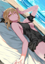Rule 34 | 1girl, absurdres, armband, artoria pendragon (alter swimsuit rider) (fate), artoria pendragon (alter swimsuit rider) (first ascension) (fate), artoria pendragon (fate), beach, black bow, black one-piece swimsuit, blonde hair, blurry, bow, breasts, center opening, cleavage cutout, clothing cutout, day, depth of field, dutch angle, fate/grand order, fate/stay night, fate (series), hair between eyes, hair bow, highres, hot, looking at viewer, lying, medium breasts, ocean, ohland, on back, one-piece swimsuit, outdoors, shade, solo, sweat, swimsuit, yellow eyes