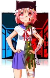 Rule 34 | 10s, 1girl, animal hat, bandages, bandaid, blood, blood on face, cowboy shot, derivative work, empty eyes, gakkou gurashi!, hair ornament, hairclip, hands on own hips, hat, highres, injury, looking at viewer, open mouth, pink eyes, pink hair, rindou (awoshakushi), school uniform, short hair, skirt, smile, solo, split theme, spoilers, standing, takeya yuki, tears, torn clothes, x hair ornament