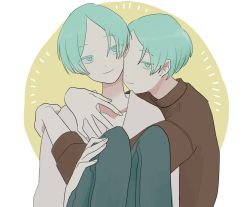Rule 34 | 2others, aqua eyes, aqua hair, artist request, bad id, bad pixiv id, casual, colored eyelashes, contemporary, dual persona, green eyes, green hair, houseki no kuni, hug, looking at viewer, multiple others, other focus, phosphophyllite, selfcest, short hair, smile
