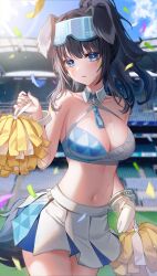 Rule 34 | 1girl, animal ears, bangle, bare arms, bare shoulders, black hair, blue archive, blue eyes, bracelet, breasts, cheerleader, cleavage, cowboy shot, criss-cross halter, crop top, day, detached collar, dog ears, gloves, goggles, goggles on head, halterneck, hand up, hibiki (blue archive), hibiki (cheer squad) (blue archive), highres, holding, holding pom poms, jewelry, long hair, looking at viewer, medium breasts, mella (mell a12), midriff, millennium cheerleader outfit (blue archive), miniskirt, navel, official alternate costume, outdoors, parted lips, partially fingerless gloves, pleated skirt, pom pom (cheerleading), pom poms, ponytail, shirt, skirt, sleeveless, sleeveless shirt, solo, standing, stomach, sweat, two-tone shirt, white shirt, white skirt, wing collar