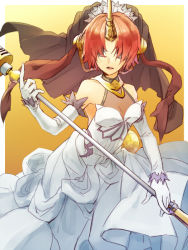 Rule 34 | 1girl, bad id, bad pixiv id, cleavage, dress, elbow gloves, fate/apocrypha, fate (series), frankenstein&#039;s monster (fate), gloves, hair over eyes, horns, long hair, mace, red hair, ruchi, see-through, see-through cleavage, single horn, solo, veil, weapon, white dress, white gloves