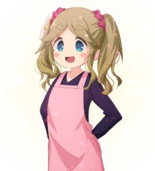 Rule 34 | :d, apron, atu, black shirt, blue eyes, blush stickers, cowboy shot, empty eyes, fang, inuyama akari, light brown hair, long sleeves, open mouth, parted bangs, pink apron, scrunchie, shirt, simple background, skin fang, smile, solo, thick eyebrows, twintails, twitter username, tying apron, white background, yurucamp