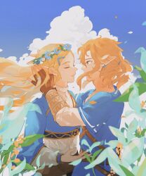 Rule 34 | 1boy, 1girl, blonde hair, blue eyes, blue shirt, blue sky, blue tunic, braid, brown gloves, closed eyes, cloud, cloudy sky, commentary, couple, crown braid, earrings, falling petals, fingerless gloves, flower, gloves, hair ornament, hairclip, head wreath, highres, jewelry, link, long hair, looking at another, nintendo, outdoors, parted lips, petals, pointy ears, ponytail, princess, princess zelda, shirt, short sleeves, sidelocks, sky, symbol-only commentary, ten 1397xx, the legend of zelda, the legend of zelda: breath of the wild, thick eyebrows, upper body