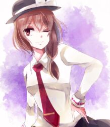 Rule 34 | 1girl, aridamikannn, black hat, black skirt, bow, breasts, brown eyes, brown hair, closed mouth, collared shirt, cowboy shot, hair between eyes, hand on own hip, hat, hat bow, hat ribbon, light smile, long sleeves, looking at viewer, medium breasts, medium hair, necktie, one eye closed, purple background, red necktie, ribbon, shirt, simple background, skirt, solo, touhou, usami renko, white background, white bow, white ribbon, white shirt