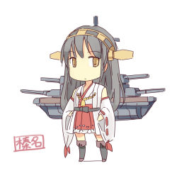 Rule 34 | 10s, 1girl, :&lt;, bare shoulders, black hair, boots, brown eyes, chibi, detached sleeves, full body, hair ornament, haruna (kancolle), kantai collection, nontraditional miko, ribbon-trimmed sleeves, ribbon trim, seo tatsuya, solo, thigh boots, thighhighs, translated, white background, zettai ryouiki