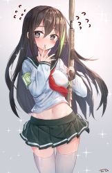 Rule 34 | 1girl, armband, artist name, assault rifle, blush, breasts, brown hair, cowboy shot, emblem, flying sweatdrops, girls&#039; frontline, gradient background, green hair, green skirt, grey background, grey eyes, groin, gun, hair between eyes, highres, holding, holding gun, holding weapon, long hair, long sleeves, looking at viewer, m4 carbine, m4a1 (girls&#039; frontline), medium breasts, midriff, miniskirt, multicolored hair, navel, neckerchief, open mouth, pleated skirt, red neckerchief, rifle, school uniform, serafuku, simple background, skirt, solo, sparkle, suppressor, tandohark, thighhighs, trigger discipline, two-tone hair, weapon, white thighhighs, zettai ryouiki