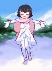 Rule 34 | 1girl, black hair, blush, boots, closed eyes, cloud, drantyno, gloves, highres, jacket, long sleeves, looking at viewer, megu (ryuhi), mittens, mountain, open mouth, outstretched arms, pantyhose, pink scarf, scarf, short hair, sky, smile, snow, standing, striped clothes, striped scarf, teeth, tree, white footwear, white gloves, white jacket, white pantyhose