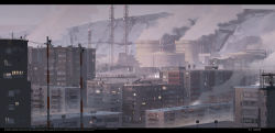 Rule 34 | chinese commentary, cityscape, commentary request, cooling tower, english text, haguruma c, highres, letterboxed, lights, mountainous horizon, original, overcast, radio tower, realistic, refinery, scenery, sky, smoke, snow, urban, utility pole
