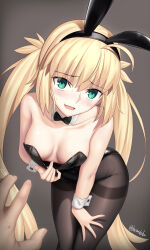 Rule 34 | 1girl, absurdres, ahoge, animal ears, artoria caster (fate), artoria pendragon (fate), bare shoulders, besmiled, black leotard, blonde hair, blush, bow, bowtie, breasts, brown pantyhose, cleavage, collarbone, detached collar, fake animal ears, fate/grand order, fate (series), green eyes, highleg, highleg leotard, highres, leaning forward, leotard, long hair, looking at viewer, medium breasts, open mouth, pantyhose, playboy bunny, rabbit ears, sidelocks, smile, solo focus, strapless, strapless leotard, thighs, traditional bowtie, twintails, wrist cuffs