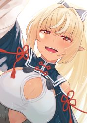 Rule 34 | 1girl, absurdres, ahoge, blonde hair, blue bow, blue dress, blush, bow, breasts, chinese clothes, cleavage, clothing cutout, commentary, dark-skinned female, dark skin, dress, dutch angle, hair between eyes, hair bow, highres, hololive, large breasts, long hair, looking at viewer, multicolored hair, open mouth, pointy ears, ponytail, pov, red eyes, shiranui flare, shiranui flare (old design), shoulder cutout, simple background, smile, solo, streaked hair, tassel, tonarikeru, two-tone hair, upper body, virtual youtuber, white background, white hair