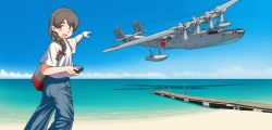 Rule 34 | 1girl, aircraft, airplane, bag, blue sky, braid, brown eyes, brown hair, camera, cloud, day, denim, dock, feet out of frame, flying boat, h6k, highres, horizon, jeans, kantai collection, long hair, open mouth, outdoors, pants, pointing, porusasu, shadow, shirt, single braid, sky, solo, thick eyebrows, uranami (kancolle), vehicle focus, white shirt