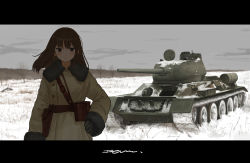 Rule 34 | 1girl, absurdres, bare tree, black eyes, black gloves, brown hair, closed mouth, coat, cowboy shot, devil lo, field, fur trim, gloves, grey sky, hand on own hip, highres, letterboxed, long hair, looking at viewer, military, military vehicle, motor vehicle, original, signature, sky, snow, solo, standing, straight hair, t-34, tank, tree, vehicle focus