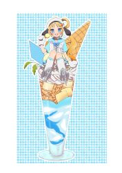 Rule 34 | 1girl, :d, beret, blonde hair, blue eyes, center frills, commentary request, cup, food, frills, fukuhara ann, full body, hand up, hat, highres, holding, holding food, ice cream, ice skates, leg warmers, long hair, looking at viewer, mea (meari mr), mittens, open mouth, outline, pretty rhythm, pretty rhythm rainbow live, pretty series, side ponytail, sitting, skates, smile, solo, waffle, white hat, white mittens