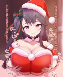 Rule 34 | 1boy, 1girl, absurdres, azur lane, bouncing breasts, bow, breasts, breasts squeezed together, brown hair, choker, cleavage, commentary request, crop top, detached collar, detached sleeves, fur-trimmed tube top, fur trim, godoh (mamurudou), grabbing own breast, hair between eyes, hair bow, hat, heart-shaped ornament, hetero, highres, large breasts, long hair, motion lines, o-ring, o-ring choker, paizuri, paizuri under clothes, pamiat merkuria (azur lane), pink eyes, pom pom (clothes), pov, red tube top, santa costume, santa hat, short sleeves, side ponytail, smile, solo focus, strapless, striped, striped bow, translation request, tube top, upper body, very long hair