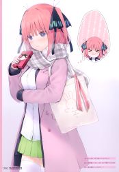Rule 34 | 1girl, 6u (eternal land), @ @, absurdres, arm under breasts, bag, black ribbon, blush, box, breasts, breath, character name, closed mouth, copyright name, dress shirt, enpera, gift, gift box, go-toubun no hanayome, gradient background, grey scarf, hair ribbon, highres, holding, holding gift, jacket, long sleeves, medium breasts, nail polish, nakano nino, open clothes, open jacket, pink hair, pink jacket, plaid, plaid scarf, purple eyes, ribbon, scarf, shirt, simple background, sleeves past wrists, solo, thighhighs, two side up, upper body, valentine, wavy mouth, white shirt, white thighhighs