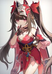 Rule 34 | 1girl, arm behind back, bare shoulders, bell, black choker, black sash, brown hair, choker, commentary request, cowboy shot, criss-cross halter, detached sleeves, eyeliner, finger to mouth, floral print kimono, fox mask, grey background, hair bell, hair ornament, halterneck, hand up, highres, honkai: star rail, honkai (series), japanese clothes, jingle bell, kimono, long hair, looking at viewer, makeup, mask, mask on head, mole, mole under eye, neck bell, o-ring, obi, partial commentary, red eyeliner, red eyes, red kimono, red sleeves, sash, seigaiha, shishimi (shishimi443), short kimono, simple background, sleeveless, sleeveless kimono, smile, solo, sparkle (honkai: star rail), twintails