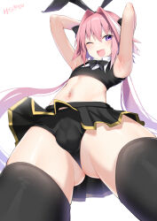 Rule 34 | 1boy, armpits, arms up, ass, astolfo (fate), astolfo (saber) (fate), black bow, black bowtie, black skirt, black thighhighs, blush, bow, bowtie, bulge, collar, crop top, fang, fate/grand order, fate (series), from below, hair bow, hair intakes, highres, kitajima yuuki, long hair, looking at viewer, male focus, midriff, miniskirt, multicolored hair, navel, one eye closed, open mouth, pink hair, pleated skirt, purple eyes, simple background, skin fang, skirt, sleeveless, solo, streaked hair, thighhighs, trap, twintails, very long hair, white background, white collar, white hair