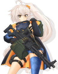 Rule 34 | 1girl, ahoge, ammunition belt, armlet, black gloves, black shirt, blue coat, blue skirt, blue thighhighs, carrying, case, checkered clothes, checkered legwear, closed mouth, coat, commentary request, cowboy shot, eyes visible through hair, frown, girls&#039; frontline, gloves, goggles, gun, hair between eyes, highres, holding, long hair, long sleeves, looking at viewer, machine gun, mikeran (mikelan), miniskirt, pkp (girls&#039; frontline), pleated skirt, shadow, shirt, side ponytail, silver hair, simple background, single thighhigh, skirt, sleeveless, sleeveless shirt, solo, standing, thigh strap, thighhighs, v-shaped eyebrows, very long hair, weapon, weapon request, white background, yellow eyes