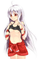 Rule 34 | 10s, 1girl, 3:, ahoge, bare shoulders, belly, black shirt, breasts, chiya (urara meirochou), cleavage, closed mouth, clothes lift, collarbone, commentary, cowboy shot, hair between eyes, highres, lifting own clothes, long hair, looking at viewer, medium breasts, nankaidools, navel, no bra, orange eyes, red shorts, shirt, shirt lift, shorts, sidelocks, silver hair, simple background, solo, standing, stomach, tank top, tearing up, tears, underboob, urara meirochou, very long hair, white background