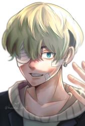 Rule 34 | 1boy, bandage on face, bandage over one eye, bandages, blonde hair, blue eyes, bruise, bruise on face, collarbone, earrings, grin, hair between eyes, hand up, highres, illust ratte, injury, jacket, jewelry, looking at viewer, male focus, matsuno chifuyu, one eye covered, portrait, short hair, simple background, single earring, smile, solo, tokyo revengers, twitter username, white background, white jacket