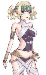Rule 34 | 1girl, armlet, armor, bare shoulders, blonde hair, bracer, breasts, collar, covered navel, diadem, elfenlied22, fate/grand order, fate (series), faulds, halterneck, highres, looking at viewer, medium breasts, medium hair, metal collar, open mouth, pauldrons, pollux (fate), purple eyes, shoulder armor, simple background, smile, solo, thighs, white background