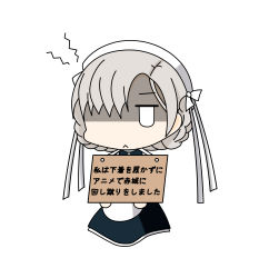 Rule 34 | 1girl, absurdres, azur lane, chibi, commentary request, grey hair, hair over one eye, highres, kinoko (benitengudake), maid, maid headdress, pet shaming, shaded face, sheffield (azur lane), sign, sign around neck, simple background, solo, translation request, white background