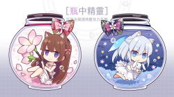 Rule 34 | 2girls, air bubble, animal ear fluff, animal ears, bare arms, bare shoulders, barefoot, blue eyes, blue flower, blue ribbon, blush, bottle, braid, brown hair, bubble, cat ears, chestnut mouth, chibi, closed mouth, commentary request, dress, flower, grey hair, hair between eyes, hair ribbon, hitsuki rei, in bottle, in container, long hair, looking at viewer, multiple girls, hugging object, parted lips, petals, pink flower, pink ribbon, purple eyes, ribbon, sleeveless, sleeveless dress, smile, snowdreams -lost in winter-, star (symbol), stuffed animal, stuffed rabbit, stuffed toy, submerged, sundress, translation request, underwater, very long hair, water, white dress