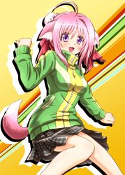 Rule 34 | 1girl, ahoge, animal ear fluff, animal ears, atlus, blush, breasts, cosplay, diesel-turbo, dog days, dog ears, dog girl, dog tail, horie yui, jacket, medium breasts, millhiore f. biscotti, persona, persona 4, pink hair, plaid, plaid skirt, purple eyes, satonaka chie, satonaka chie (cosplay), short hair, skirt, solo, tail, track jacket, voice actor connection