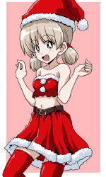 Rule 34 | 1girl, aki (girls und panzer), bandeau, bare shoulders, belt, black belt, bright pupils, christmas, commentary, cowboy shot, girls und panzer, green eyes, hair tie, hat, high-waist skirt, highres, light brown hair, looking at viewer, low twintails, midriff, miniskirt, navel, open mouth, outside border, pink background, ponzu rui, red bandeau, red hat, red skirt, red thighhighs, santa costume, santa hat, short hair, short twintails, simple background, skirt, smile, solo, standing, strapless, thighhighs, twintails, w arms, white pupils
