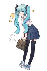Rule 34 | 1girl, absurdres, artist logo, artist name, bag, black thighhighs, blue eyes, blue footwear, blue hair, blue skirt, closed mouth, collared shirt, commentary, full body, hatsune miku, highres, holding, holding bag, long hair, looking at viewer, pleated skirt, school bag, school uniform, shirt, short sleeves, simple background, skirt, smile, solo, star (symbol), thighhighs, twintails, vocaloid, wandu mook, white background, white shirt
