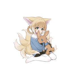 Rule 34 | 1girl, absurdres, animal ears, arknights, black skirt, blue shirt, braid, commentary, fox ears, fox girl, fox tail, full body, green eyes, highres, holding, holding stuffed toy, kitsune, looking at viewer, multicolored hair, multiple tails, pantyhose, pleated skirt, shio (shiofeifei), shirt, short hair with long locks, simple background, sitting, skirt, solo, streaked hair, stuffed toy, suzuran (arknights), tail, wariza, white background, white hair, white pantyhose