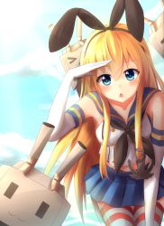 Rule 34 | &gt; &lt;, 10s, 1girl, :3, :o, absurdres, anchor hair ornament, blue eyes, blue skirt, blue sky, chestnut mouth, closed eyes, day, elbow gloves, gloves, hair ornament, hairband, hand on forehead, highres, kantai collection, leaning forward, looking at viewer, onamae-kun, open mouth, pleated skirt, school uniform, serafuku, shimakaze (kancolle), skirt, sky, solo, striped clothes, striped thighhighs, thighhighs, white gloves