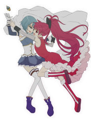 Rule 34 | 10s, 2girls, bad id, bad pixiv id, bare shoulders, blue eyes, blue hair, boots, bow, cape, detached sleeves, gloves, hair bow, long hair, magical girl, mahou shoujo madoka magica, mahou shoujo madoka magica (anime), miki sayaka, multiple girls, open mouth, ponytail, reaching, red eyes, red hair, sakura kyoko, short hair, simple background, skirt, soul gem, tears, thighhighs, tiihatanono