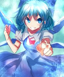 Rule 34 | 1girl, bad id, bad pixiv id, blue dress, blue eyes, blue hair, bow, cirno, dress, grin, hair bow, hizagawa rau, ice, ice wings, matching hair/eyes, pointing, pointing at viewer, puffy short sleeves, puffy sleeves, shirt, short sleeves, sketch, smile, solo, touhou, wings