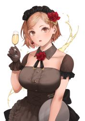 Rule 34 | 1girl, alternate costume, apron, artist name, black apron, black dress, black gloves, breasts, brown eyes, brown hair, cleavage, cup, detached collar, detached sleeves, dress, earrings, enmaided, flower, frilled apron, frills, gloves, hair flower, hair ornament, highres, holding, holding cup, holding tray, jewelry, jujutsu kaisen, kugisaki nobara, large breasts, maid, maid apron, maid headdress, mumere (9 xa9), parted lips, ribbon, short hair, short sleeves, simple background, solo, tray, waist apron, white background