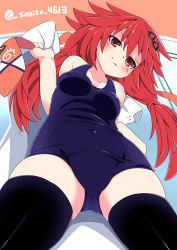 Rule 34 | 1girl, absurdres, bare shoulders, black thighhighs, blue one-piece swimsuit, braid, breasts, cabinet, changing clothes, covered navel, from above, hair ornament, hairclip, highres, locker, locker room, long hair, looking at viewer, neptune (series), one-piece swimsuit, red eyes, red hair, school swimsuit, shin jigen game neptune vii, sirochan 4613, skindentation, small breasts, smile, smug, solo, swimsuit, tennouboshi uzume, thighhighs, twin braids, twintails