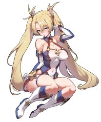 Rule 34 | 1girl, absurdres, arm behind head, bare shoulders, blonde hair, blue eyes, blush, boots, bradamante (fate), bradamante (first ascension) (fate), braid, breasts, cleavage, covered navel, crown braid, elbow gloves, fate/grand order, fate (series), gloves, hair ornament, highres, large breasts, leotard, long hair, muloli, navel, open mouth, simple background, solo, thighs, twintails, very long hair, white background