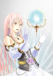 Rule 34 | 1girl, bare shoulders, collarbone, corset, detached sleeves, female focus, gloves, gradient background, higenagi, holding, jewelry, long hair, open mouth, original, pendant, pink eyes, pink hair, solo, very long hair
