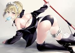 Rule 34 | 1girl, all fours, apron, artoria pendragon (all), artoria pendragon (alter swimsuit rider) (fate), artoria pendragon (alter swimsuit rider) (second ascension) (fate), artoria pendragon (fate), ass, bikini, black bikini, black footwear, black thighhighs, blonde hair, blush, braid, breasts, detached collar, fate/grand order, fate (series), food, frills, high heels, jacket, looking at viewer, maid, maid bikini, maid headdress, mary janes, medium breasts, mouth hold, neko-san (dim.dream), open clothes, popsicle, ribbon, saber alter, shoes, shoulder blades, solo, swimsuit, thighhighs, tsurime, unconventional maid, v-shaped eyebrows, wet, yellow eyes