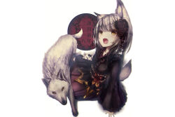 Rule 34 | 1girl, animal, animal ears, fangs, grey hair, hair ornament, highres, japanese clothes, kimono, open mouth, original, sitting, tail, white background, wolf, wolf ears, wolf girl, wolf tail, yellow eyes