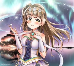 Rule 34 | 1girl, artist name, artist request, bare shoulders, blush, breasts, brown eyes, brown hair, cleavage, female focus, jewelry, light brown hair, long hair, love live!, love live! school idol festival, love live! school idol project, medium breasts, minami kotori, necklace, parted lips, ponyagii, ribbon, shirt, skirt, smile, solo, tiara, white shirt, white skirt