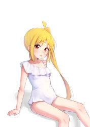 Rule 34 | 1girl, asymmetrical clothes, bare arms, bare legs, blonde hair, bocchi the rock!, covered navel, feet out of frame, highres, ijichi nijika, kuramoto takato, long hair, looking at viewer, one-piece swimsuit, one side up, red eyes, simple background, single-shoulder one-piece swimsuit, single bare shoulder, sitting, solo, swimsuit, tongue, tongue out, white background, white one-piece swimsuit