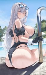 Rule 34 | 1girl, ass, bare shoulders, black gloves, blue eyes, breasts, curvy, detached sleeves, dripping, from behind, gloves, highres, large breasts, looking at viewer, one-piece swimsuit, original, outdoors, pool, pool ladder, poolside, puffy short sleeves, puffy sleeves, sg (satoumogumogu), short sleeves, sideboob, sitting, sleeve cuffs, solo, swimsuit, thick thighs, thighs, turning head, wet, wet clothes, white hair
