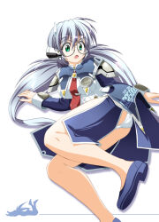 Rule 34 | 1girl, bespectacled, blue dress, blue footwear, blue hair, breasts, character name, commentary request, dress, drop shadow, f20 (funimaru), foot out of frame, glasses, green eyes, hip vent, hoshino yumemi, light blue hair, light blush, long hair, looking back, low twintails, lying, medium breasts, necktie, no socks, on side, open mouth, panties, pantyshot, planetarian, red necktie, robot ears, round eyewear, shoes, simple background, sleeves past wrists, socks, solo, sweatdrop, tareme, thighs, twintails, underwear, very long hair, vest, white background, white panties, white vest