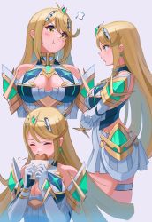Rule 34 | 1girl, :t, absurdres, armor, bare shoulders, blonde hair, breasts, cleavage, cleavage cutout, clothing cutout, commentary request, crossed arms, dangle earrings, dress, earrings, eating, food, highres, holding, holding food, jewelry, large breasts, long hair, multiple views, mythra (xenoblade), pout, profile, saburou (jako), short dress, simple background, swept bangs, thigh strap, tiara, white dress, xenoblade chronicles (series), xenoblade chronicles 2, yellow eyes