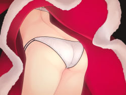 Rule 34 | 1girl, ass, back, bare back, bra, butt crack, commentary request, cowboy shot, dress, from behind, from below, fur-trimmed dress, fur trim, leaning forward, lower body, murakami suigun, original, panties, red dress, santa costume, solo, standing, thighs, underwear, white bra, white panties