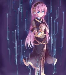 Rule 34 | 1girl, armband, belt, black shirt, black skirt, black thighhighs, blue eyes, boots, bracelet, brooch, commentary, cross-laced footwear, detached sleeves, feet out of frame, gold trim, hands on own chest, headphones, highres, hologram, jewelry, knee boots, lace-up boots, long hair, long skirt, looking at viewer, megurine luka, mochityoko, navel, own hands together, pink hair, purple background, see-through, shirt, short sleeves, side slit, single detached sleeve, skirt, solo, standing, thighhighs, vocaloid